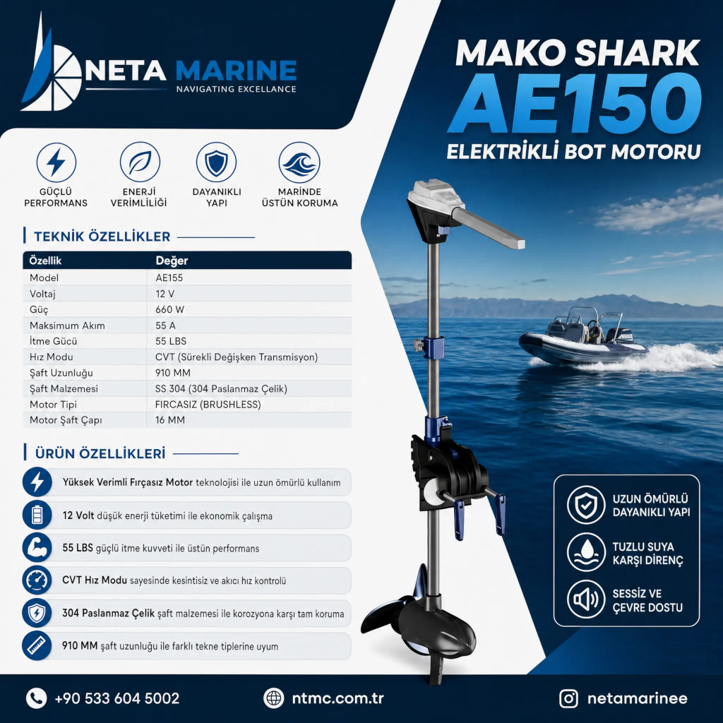 MakoShark AE 150 Fırçasız Elektrikli Tekne Motoru - 55 LBS, 12V, CVT Kademesiz Vites, Paslanmaz Çelik Şaft